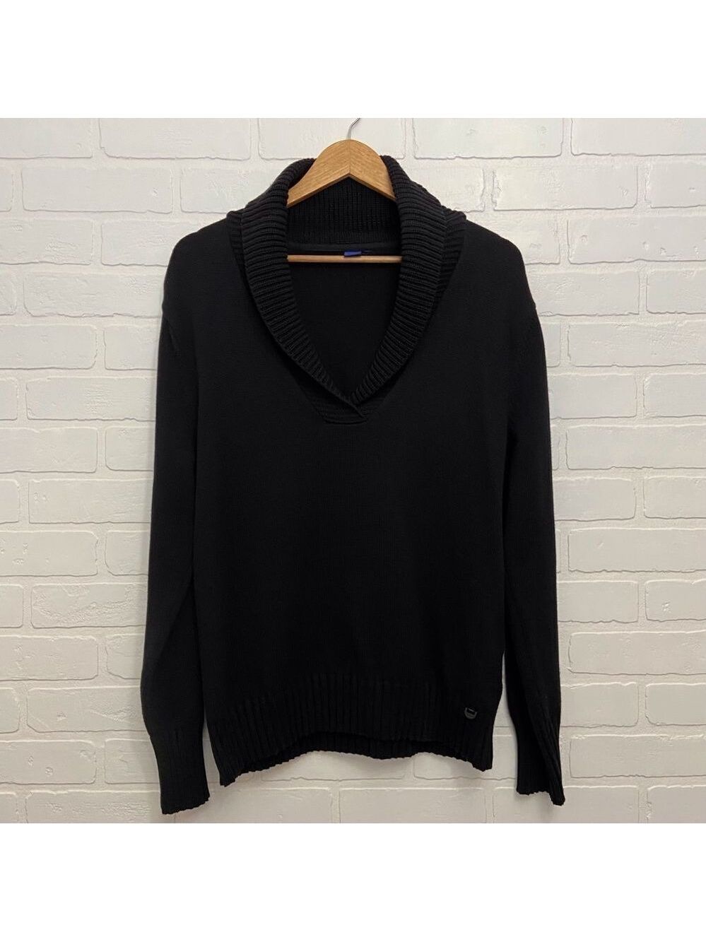 CECIL Men’s Black Shawl Collar Cotton Blend Sweater Size L Minimalist Classic